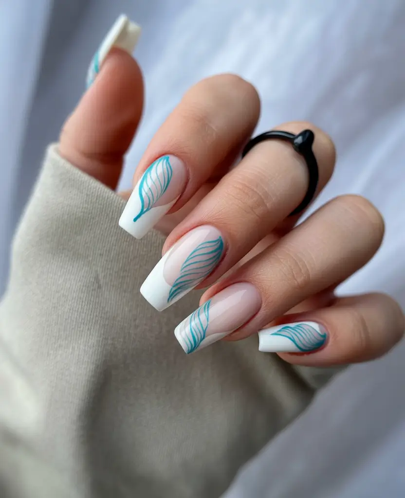 Fall French tip nails 2025 Clean Whites and Turquoise Whispers