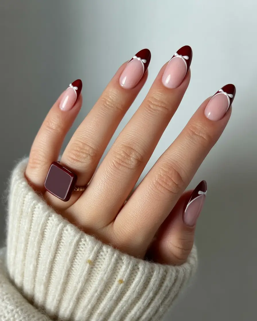 Fall French tip nails 2025 Deep Cherry Curves with Graphic White Detail