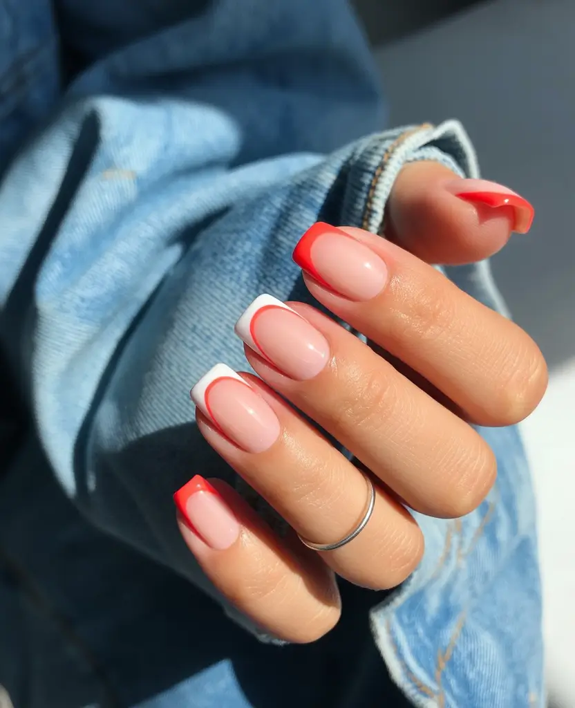 Fall French tip nails 2025 Two-Tone Crimson Contrast