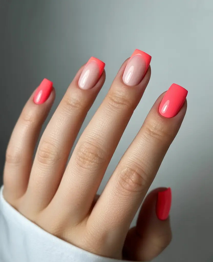 Fall French tip nails 2025 Coral Punch Square Tips