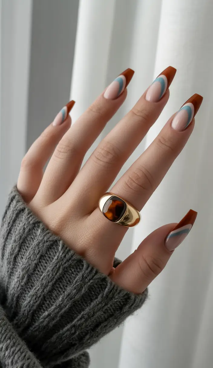 Fall French tip nails 2025 Mocha & Powder Blue Layers