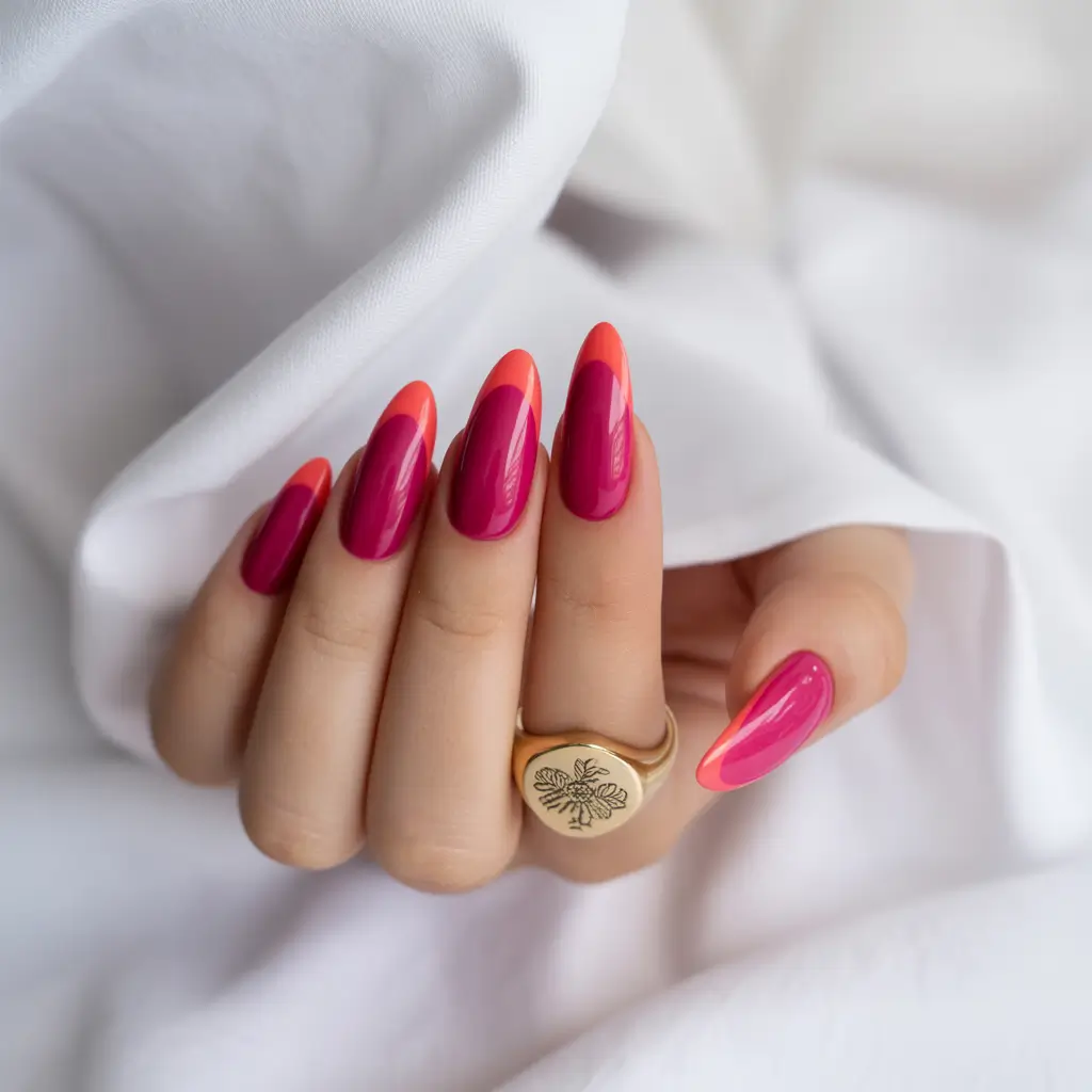 Fall French tip nails 2025 Fuchsia Meets Tangerine in Almond Fusion