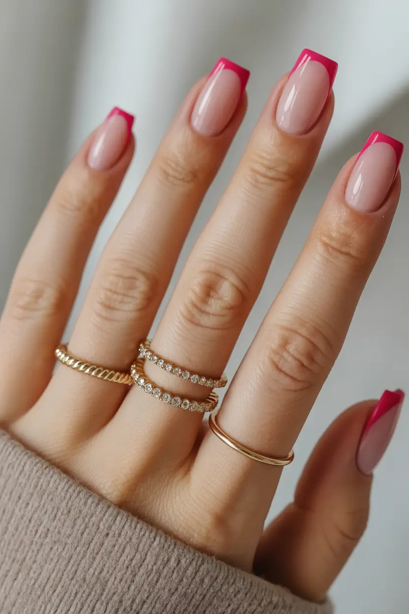 Fall French tip nails 2025 Hot Pink Classic with a Square Twist