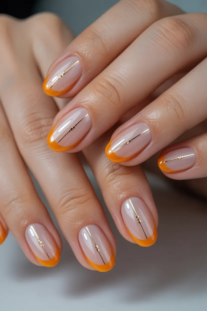 Fall French tip nails 2025 Golden Linework and Tangerine Tipping