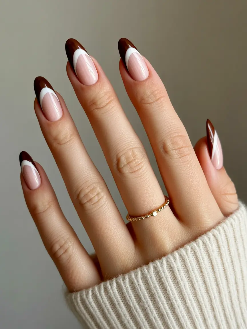 Fall French tip nails 2025 Mocha Drama with a Graphic Twist