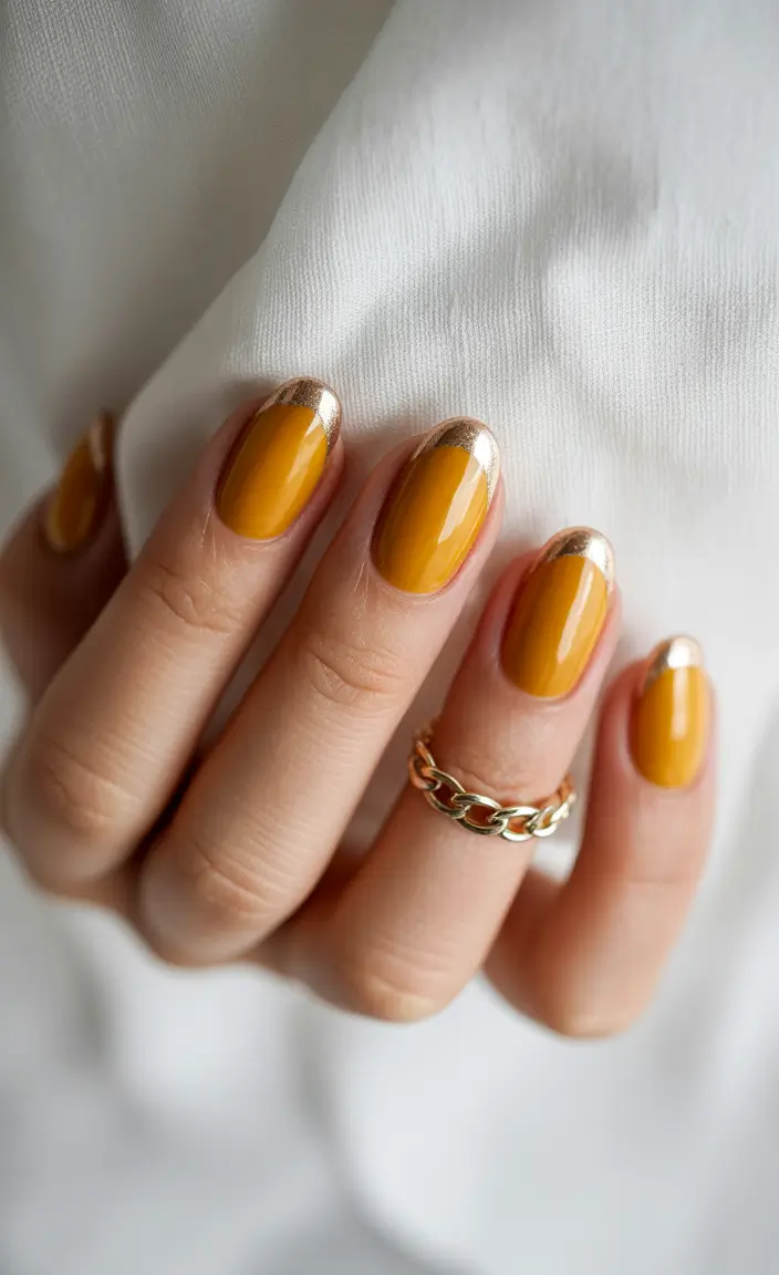 Fall French tip nails 2025 Golden Chrome Meets Mustard Gloss