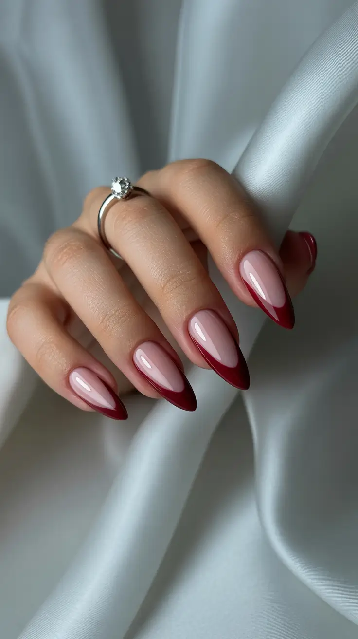 Fall French tip nails 2025 Classic Garnet Almond Tips