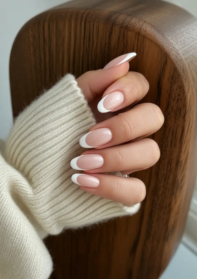 Fall French tip nails 2025 Fresh White Curve on Almond Neutrals