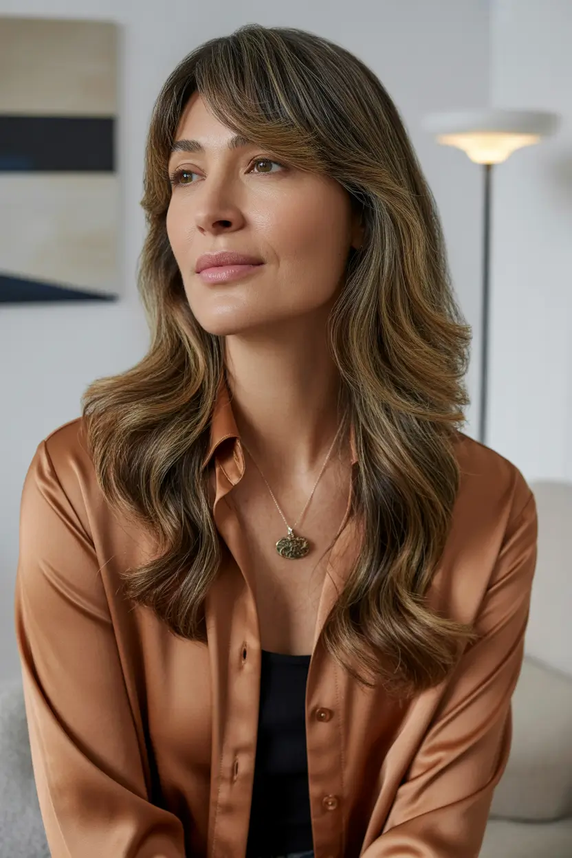 Fall brunette hair color Honey Wheat Layers with Autumn Flip