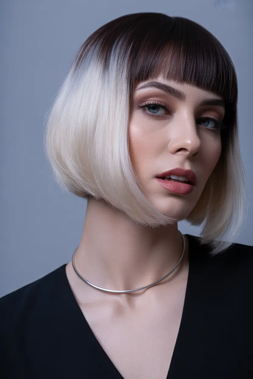 Fall brunette hair color Chic Contrast Bob with Shadow Root