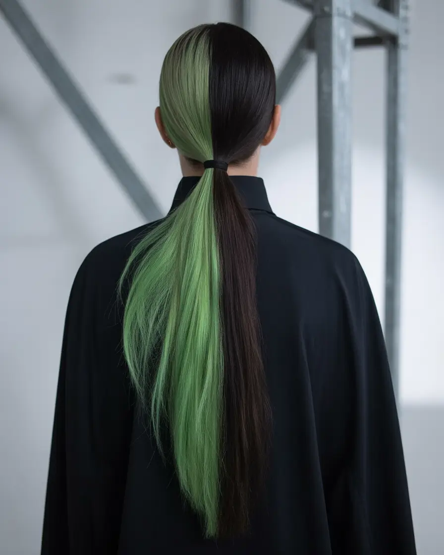 Fall brunette hair color 2025 Split-Tone Sleekness with Punk Energy
