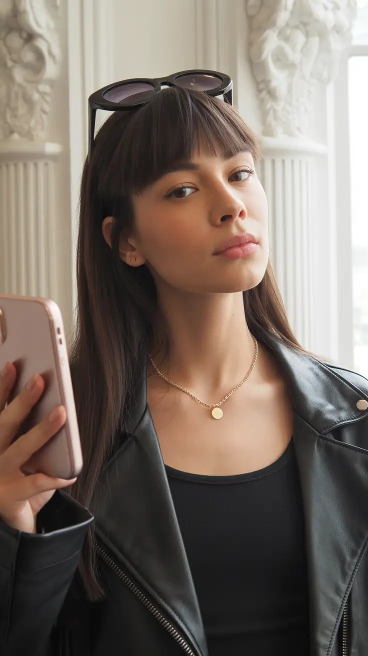 Fall brunette hair color 2025 Glossy Straight Cut with Baby Bangs