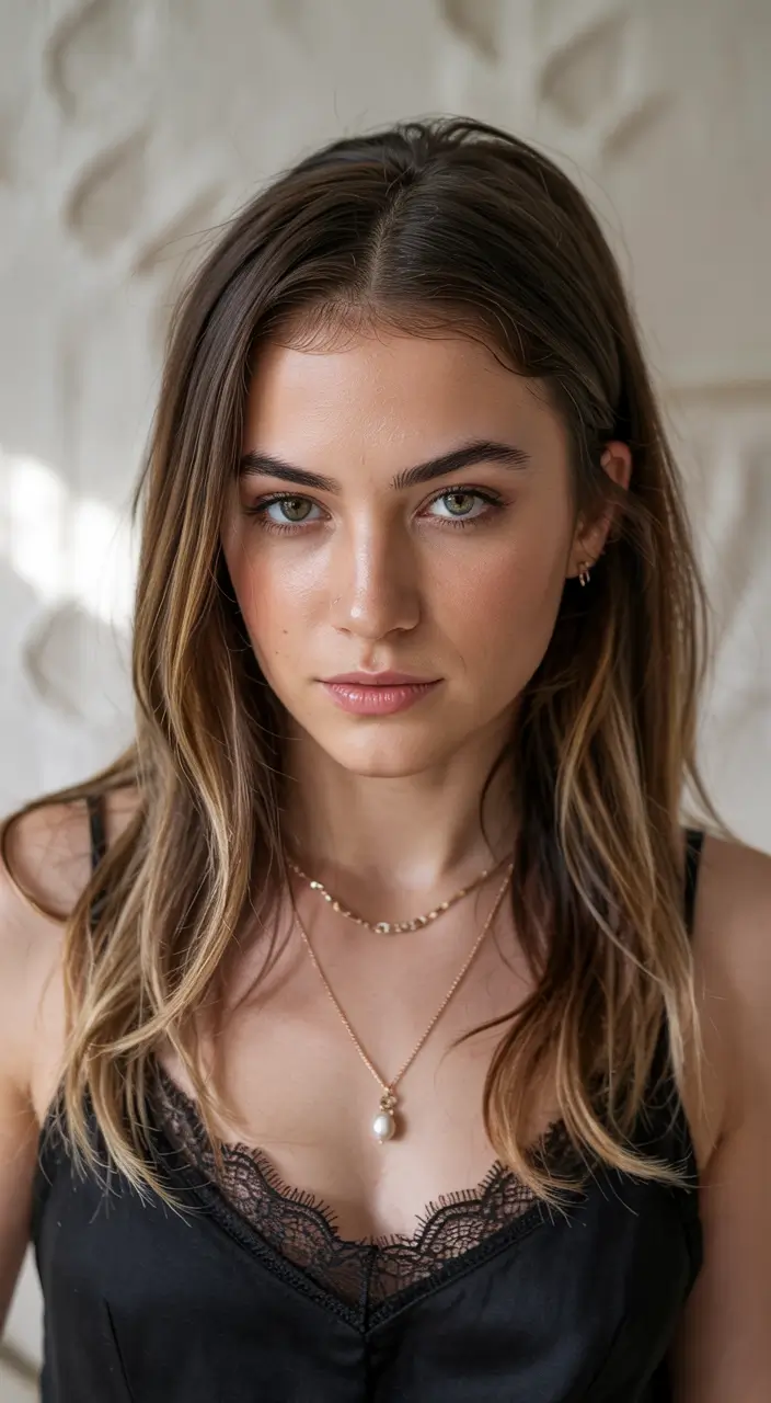 Fall brunette hair color 2025 Golden Bronde Lowlights with Beachy Layers