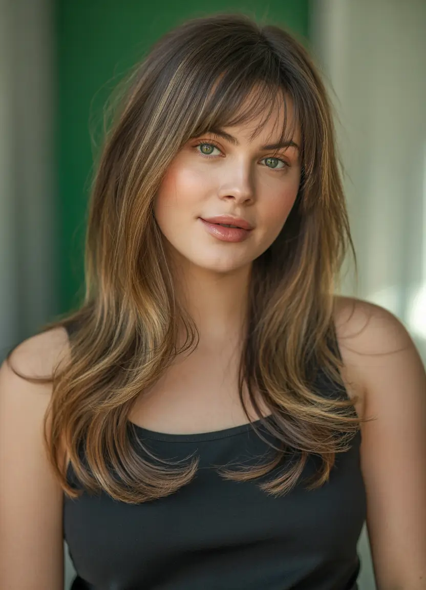 Fall brunette hair color Layered Hazelnut Shimmer with Whisper Bangs