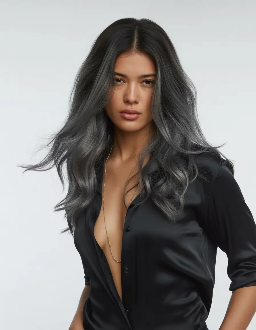 Fall brunette hair color 2025 Stormy Silver Balayage for Maximum Cool