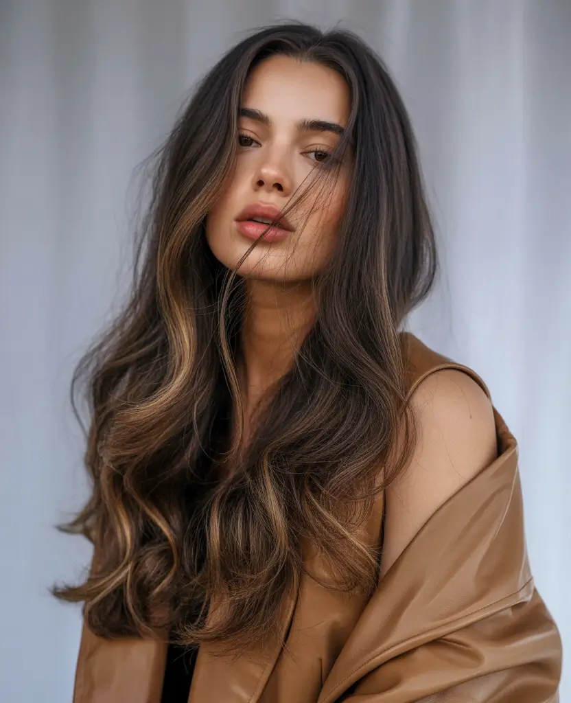 Fall brunette hair color 2025 Cocoa Melt with Caramel Balayage Waves