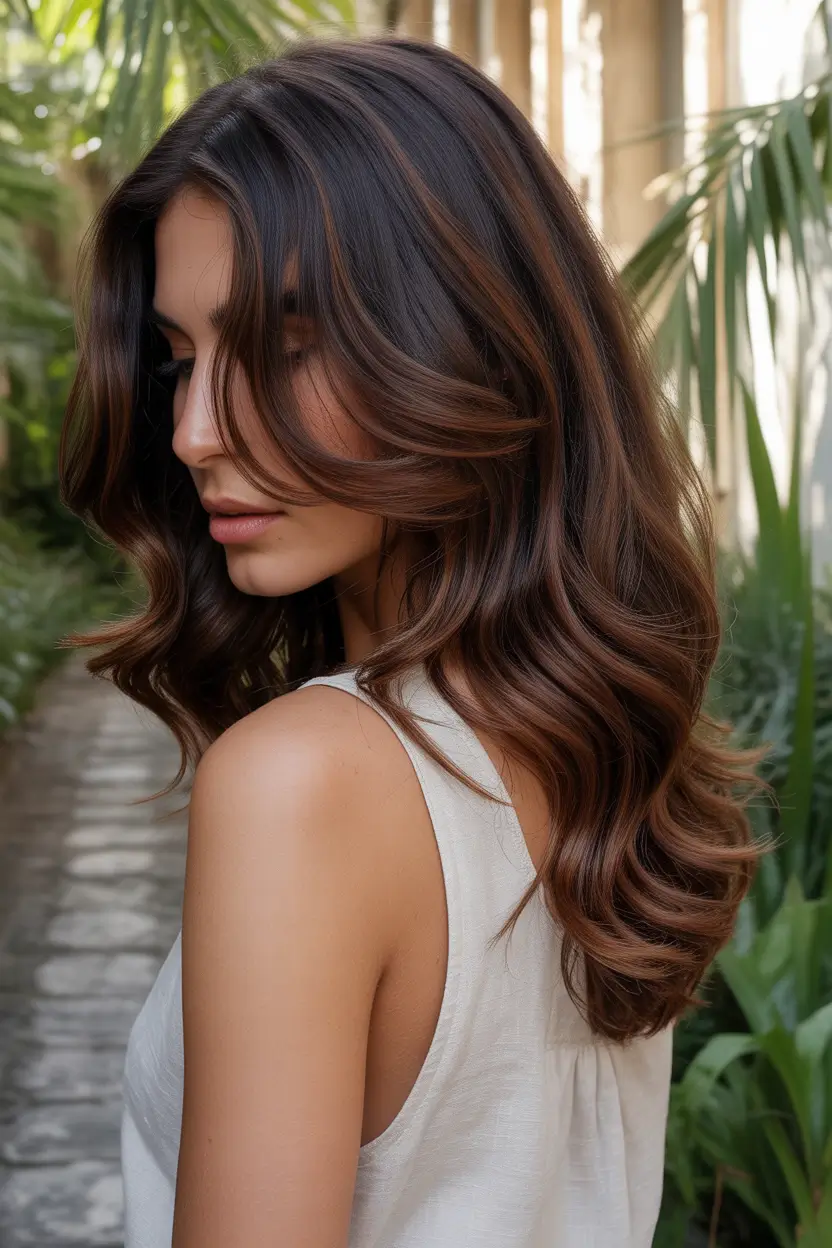 Fall brunette hair color Dimensional Cinnamon Melt with Tousled Texture