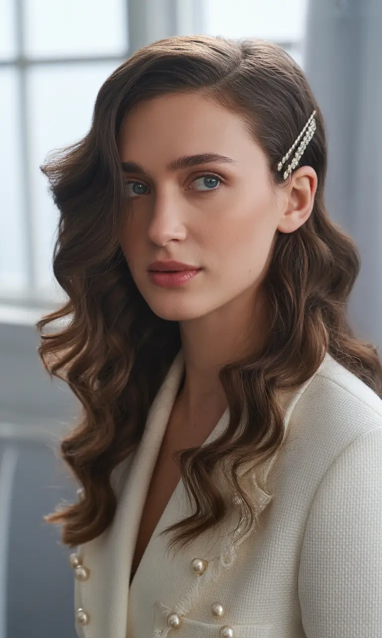 Fall brunette hair color Romantic Sculpted Waves with Pearl Detail