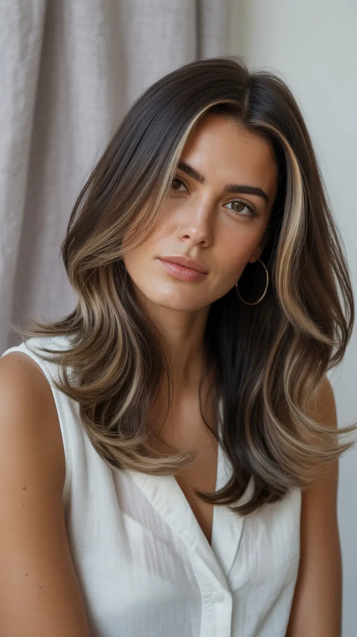Fall brunette hair color Soft Hazel Lights with Layered Volume