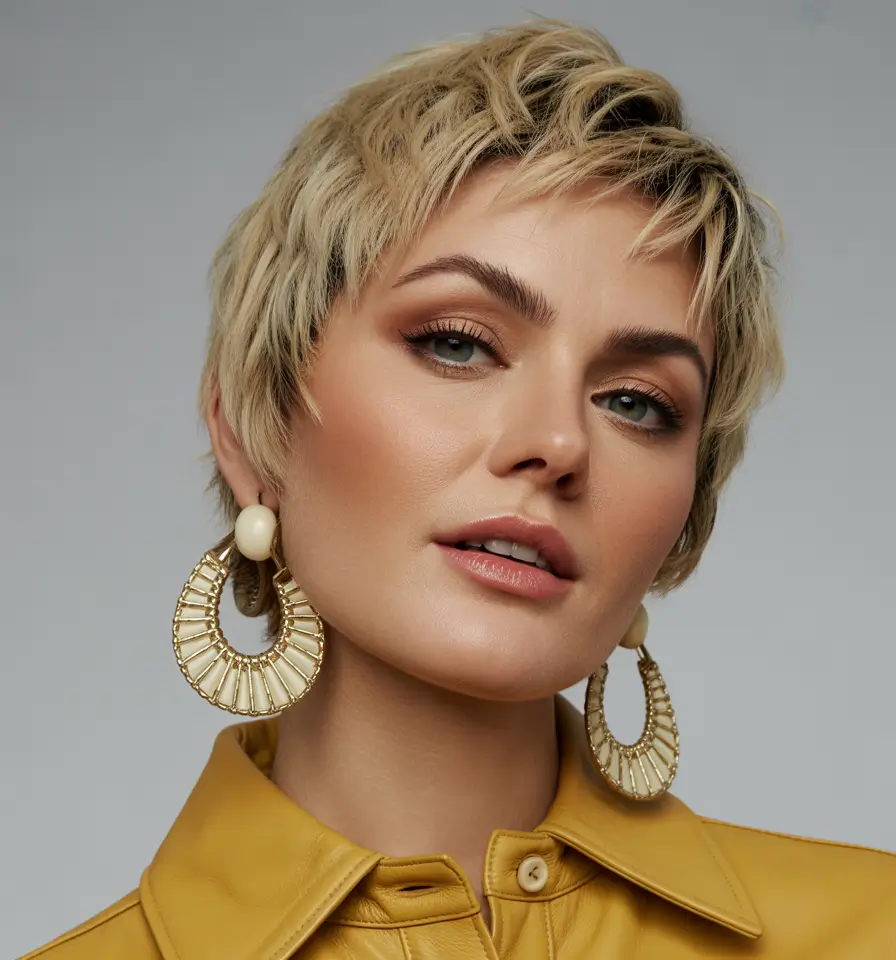 Fall round face haircut+Golden Pixie With Sharp Texture