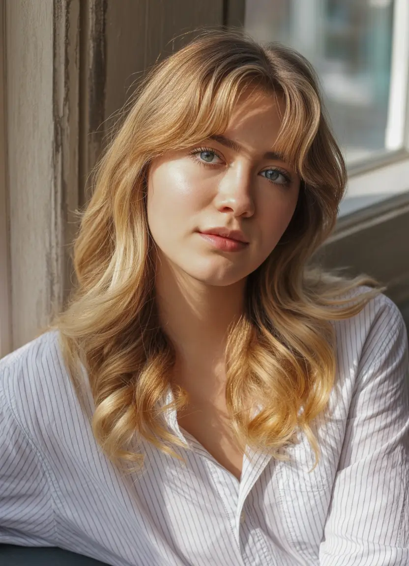 Fall round face haircut+Golden Waves and Airy Curtain Bangs