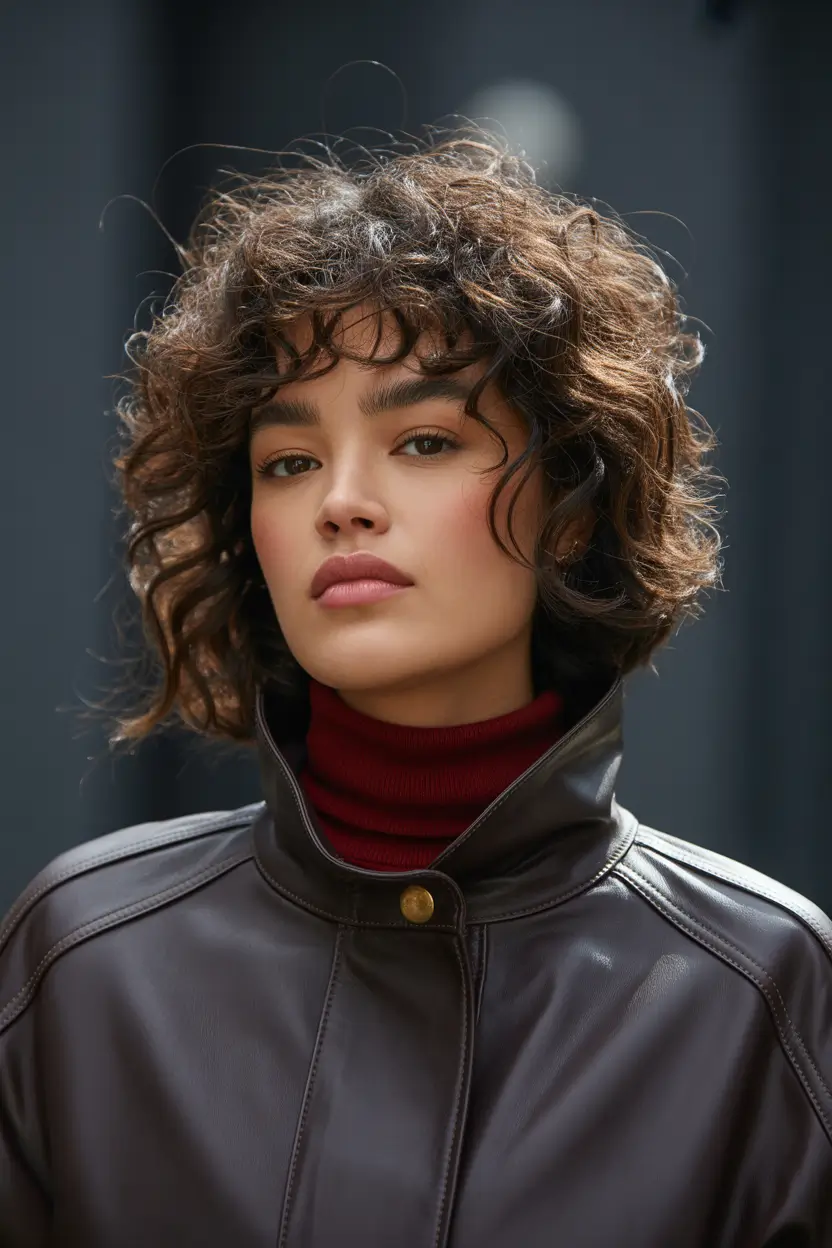Fall round face haircut+Volumized Curls With Strong Fringe