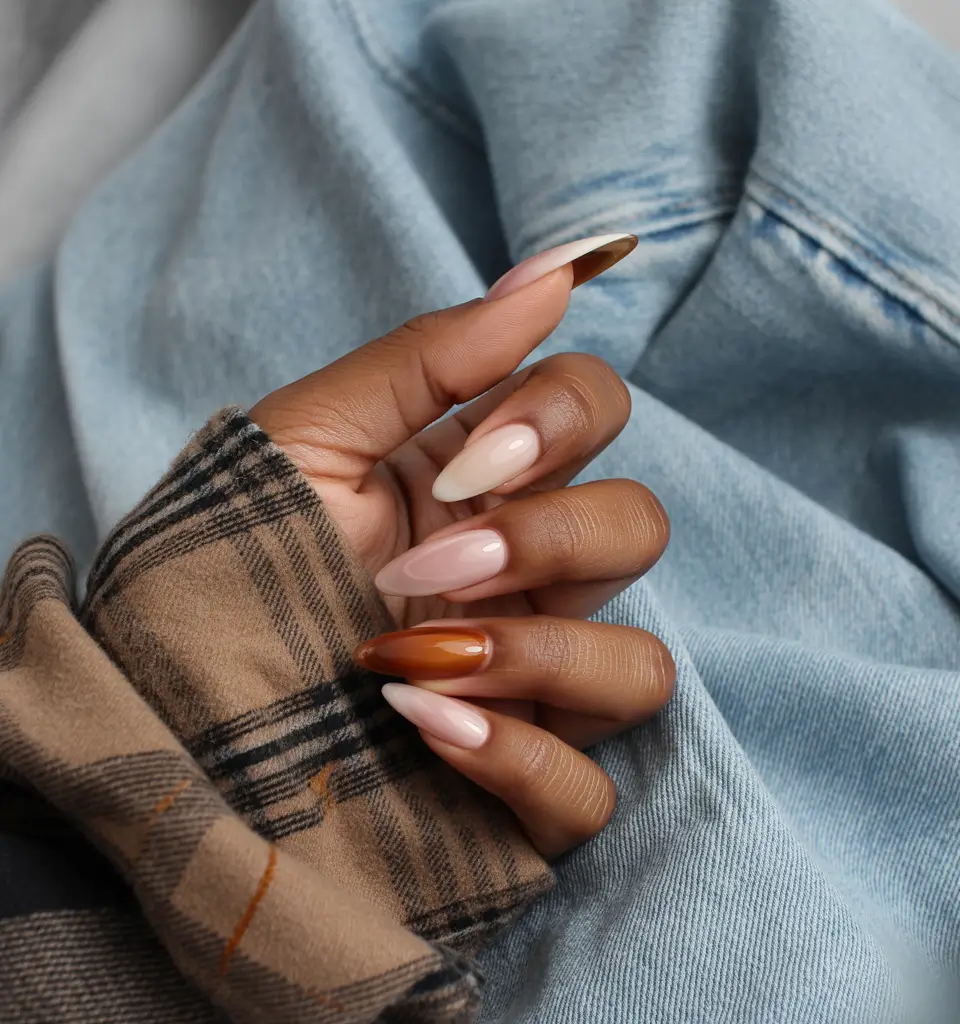 Fall Nail Colors for Brown Skin 2025+Peachy Neutral with Caramel Accent