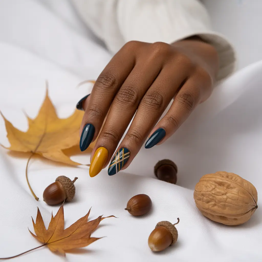 Fall Nail Colors for Brown Skin 2025+Plaid Meets Mustard Chic