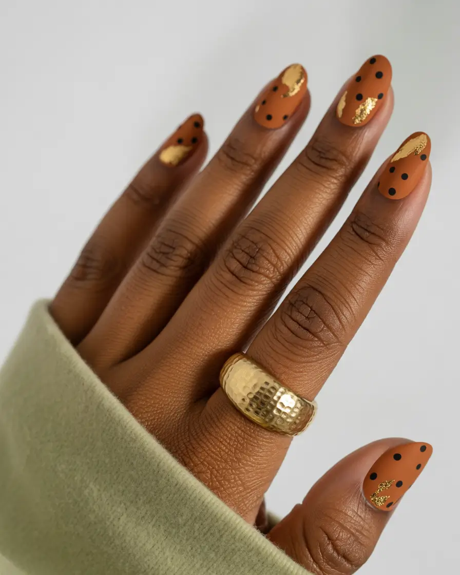 Fall Nail Colors for Brown Skin 2025+Terracotta Matte with Golden Flecks