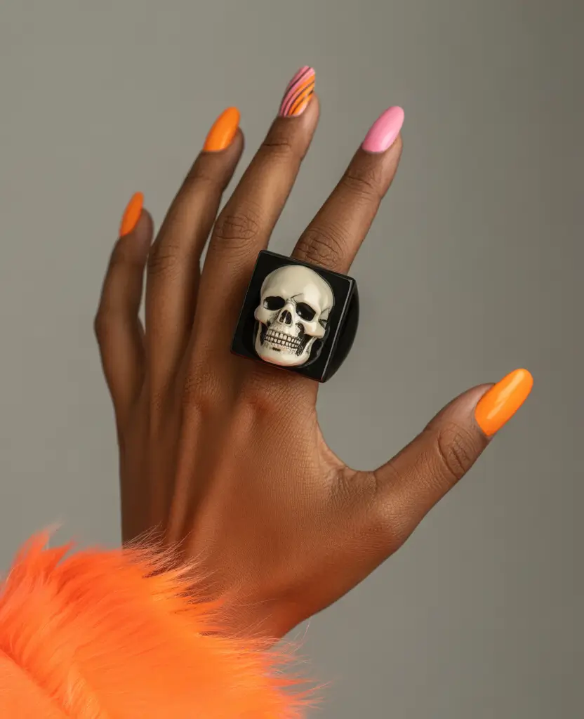 Fall Nail Colors for Brown Skin 2025 Electric Pumpkin & Candyline Swirl