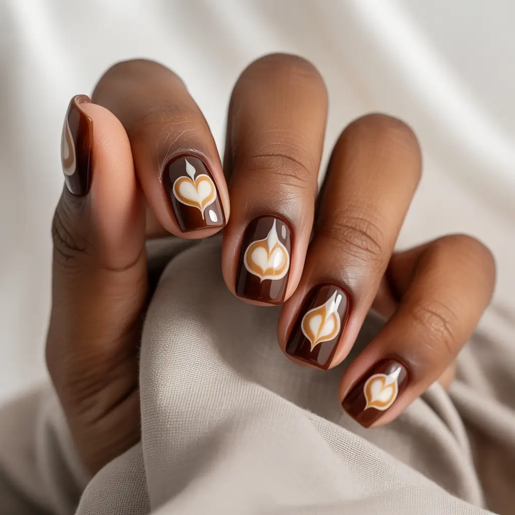 Fall Nail Colors for Brown Skin 2025+Bittersweet Mocha with Heart Accents