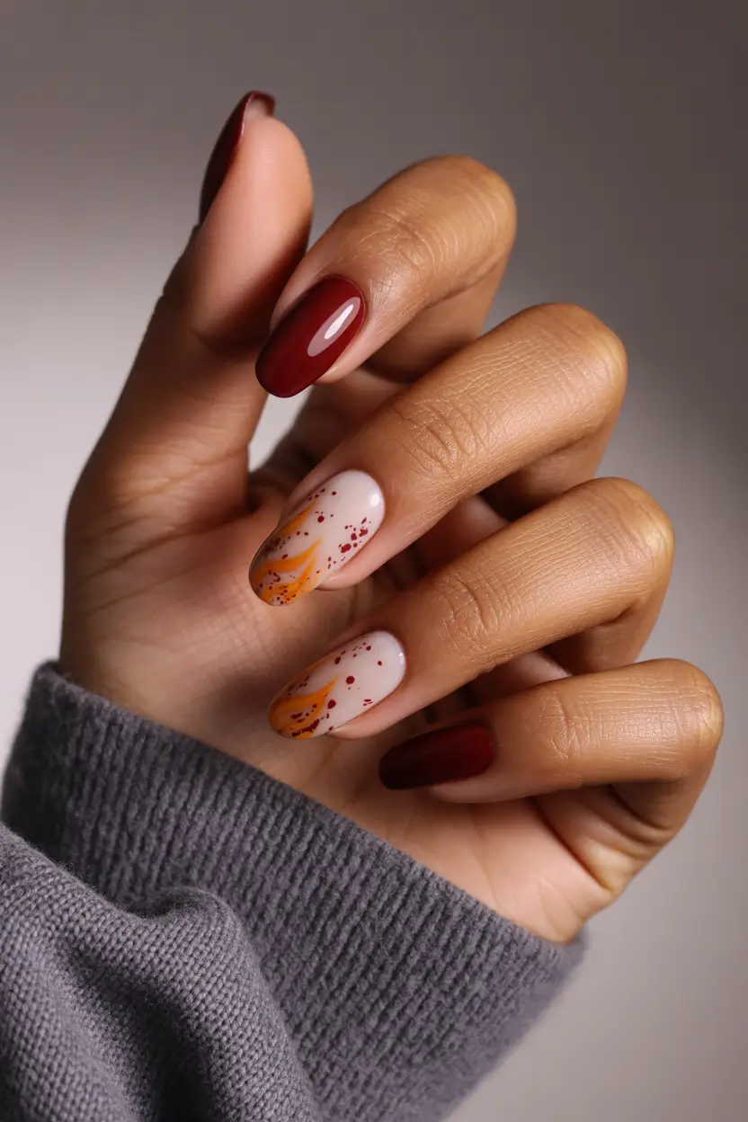Fall Nail Colors for Brown Skin 2025+Spiced Cranberry & Abstract Swirls