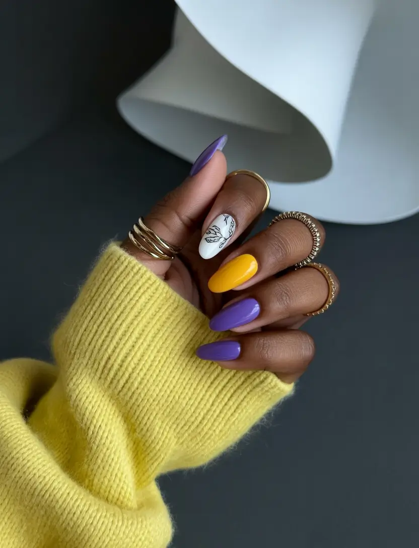 Fall Nail Colors for Brown Skin 2025+Sunset Pop: Violet, Saffron & Line Art