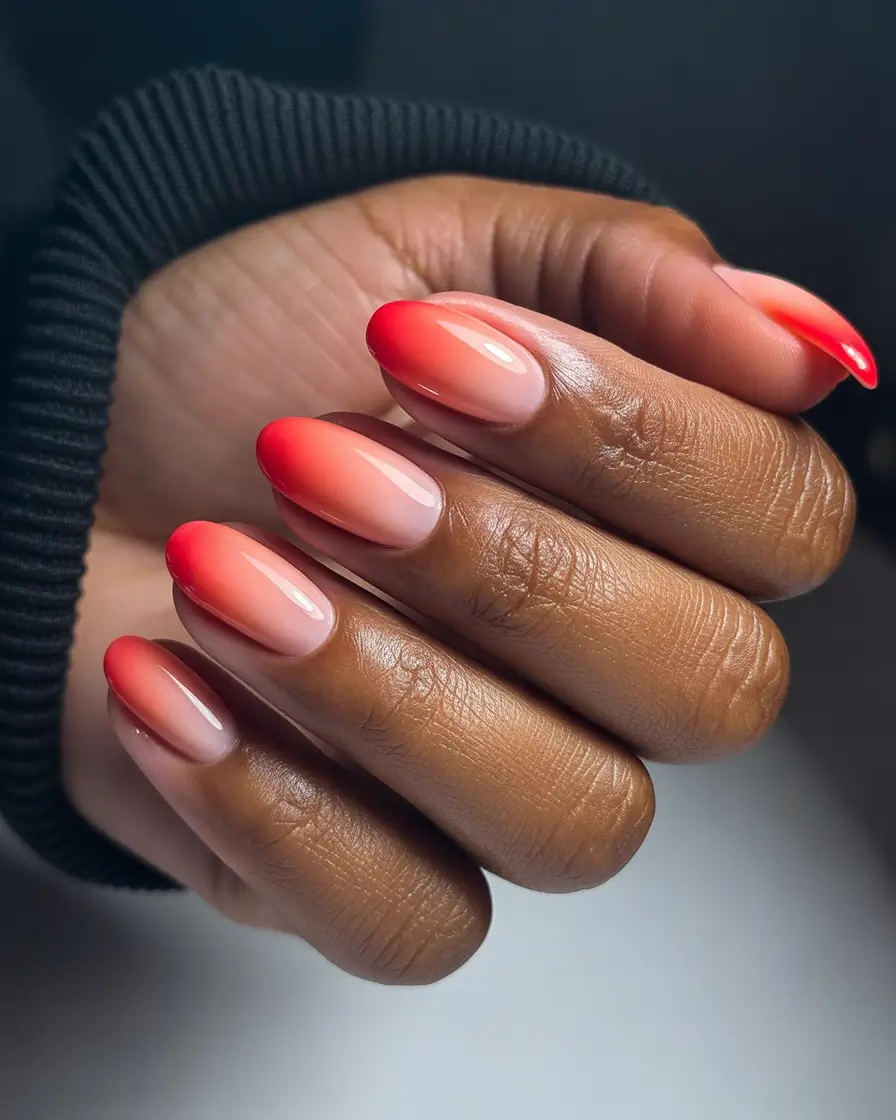 Fall Nail Colors for Brown Skin 2025+Glazed Coral Fade