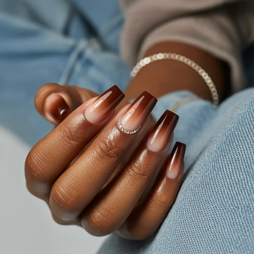 Fall Nail Colors for Brown Skin 2025+Espresso Ombré with Rhinestone Detail