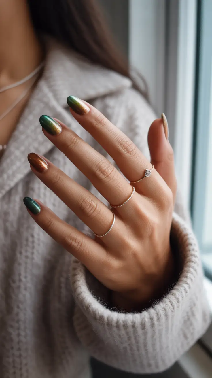 Fall Nail Colors for Brown Skin 2025+Green-Bronze Cat Eye Shimmer
