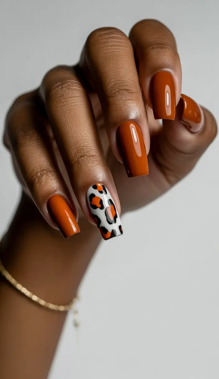 Fall nail colors for dark skin 2025+Burnt Sienna & Leopard Accent