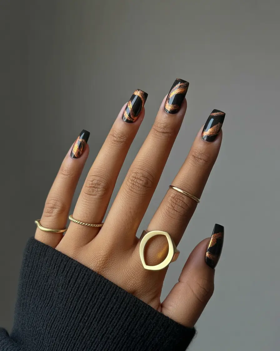 Fall nail colors for dark skin 2025+Molten Black & Copper Marble
