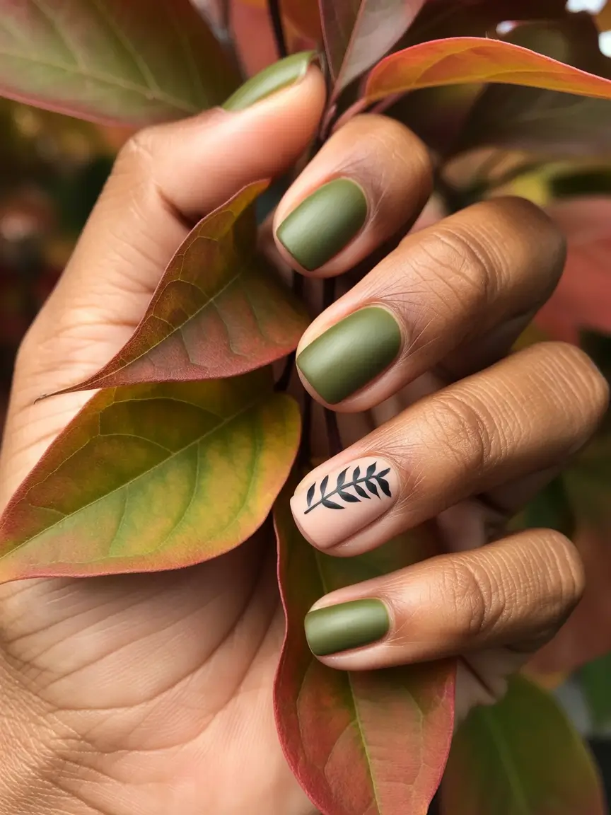 Fall nail colors for dark skin 2025+Matte Olive & Minimalist Leaf Accent