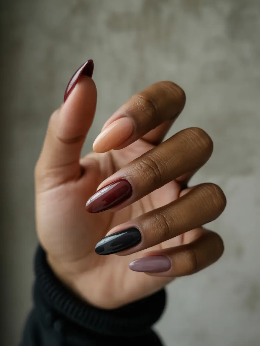 Fall nail colors for dark skin 2025+Glossy Deep Wine Meets Gradient Neutrals