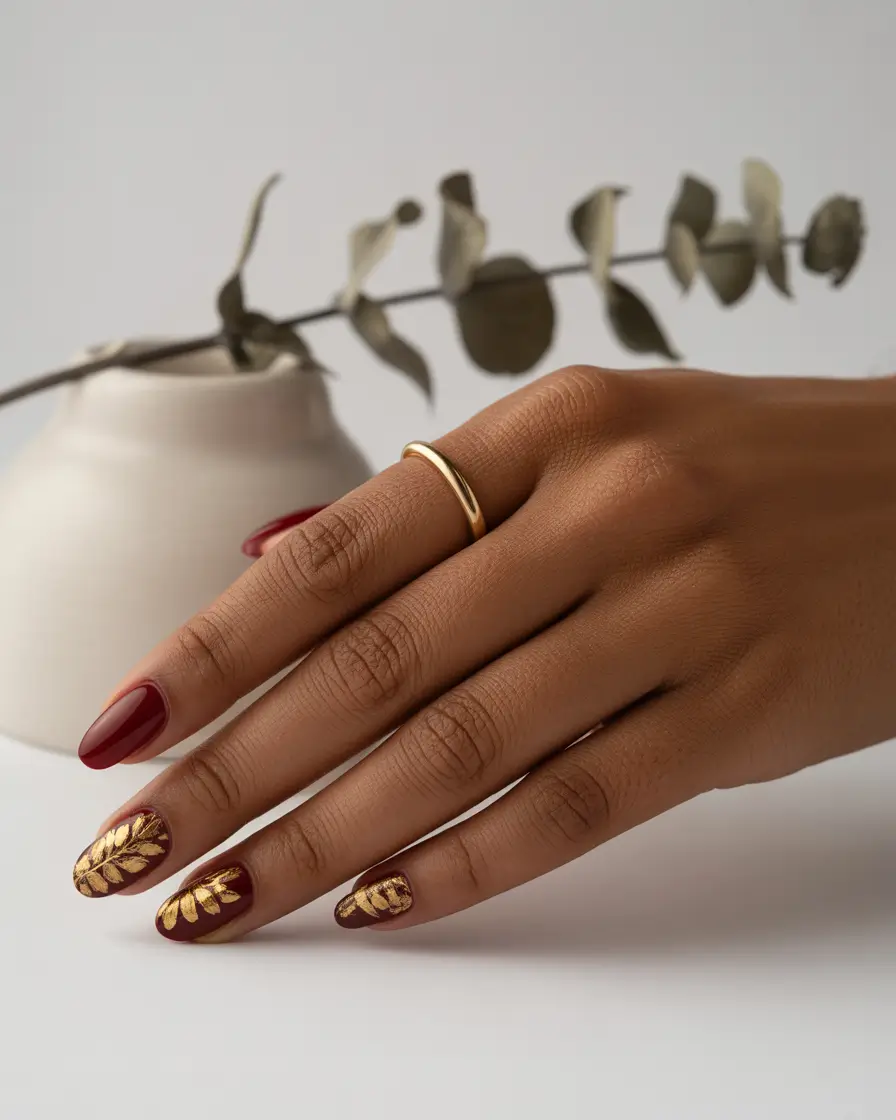 Fall nail colors for dark skin 2025+Gilded Leaf Accents on Merlot Red