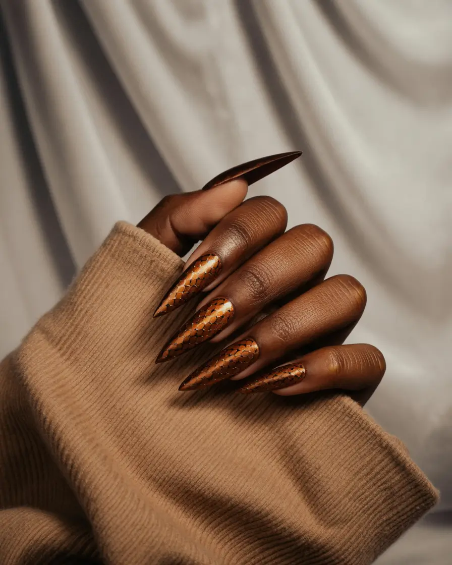 Fall nail colors for dark skin 2025+Stiletto Bronze with Reptile Shine