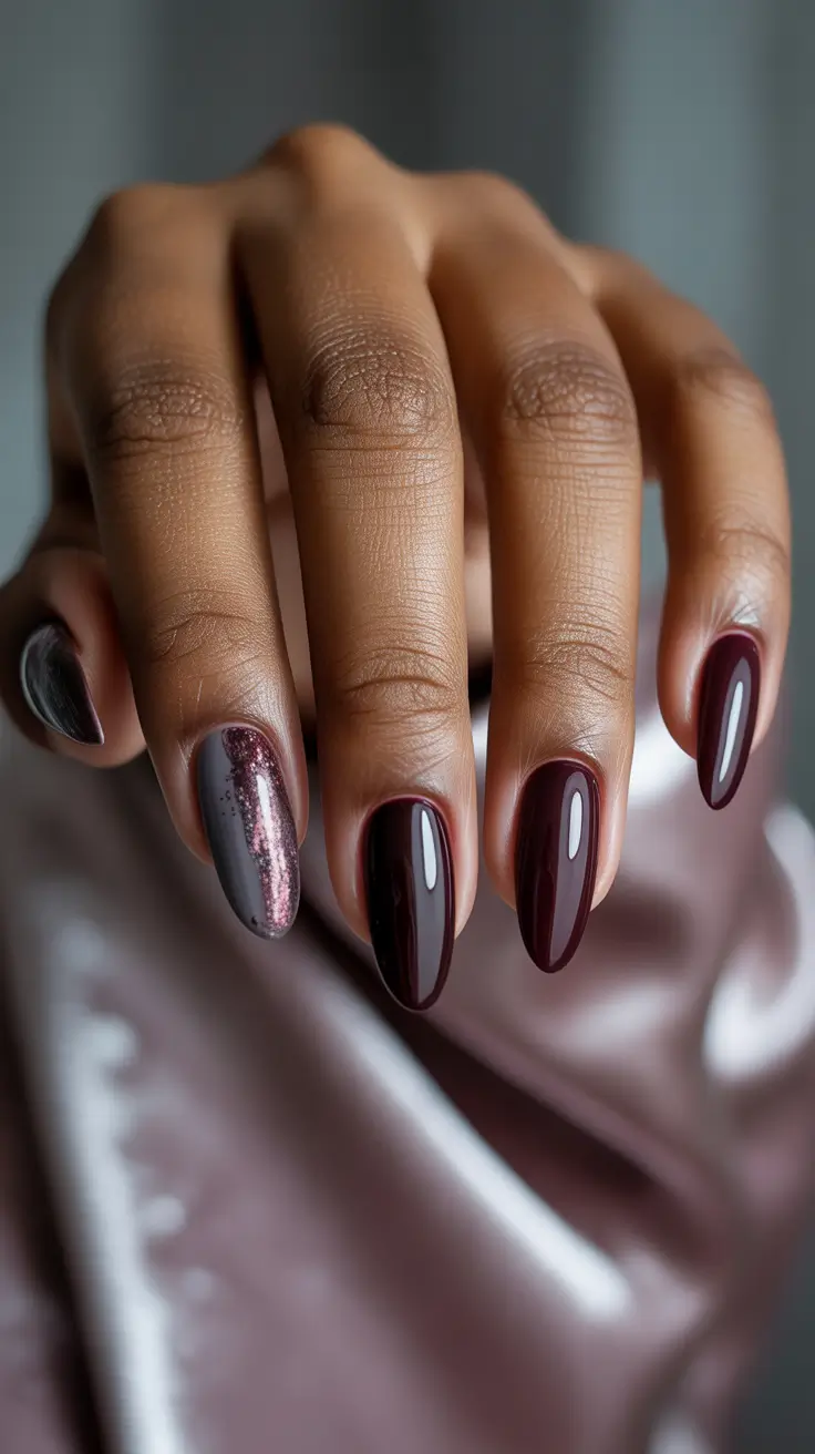 Fall nail colors for dark skin 2025+Glossy Mulberry with Shimmered Ash
