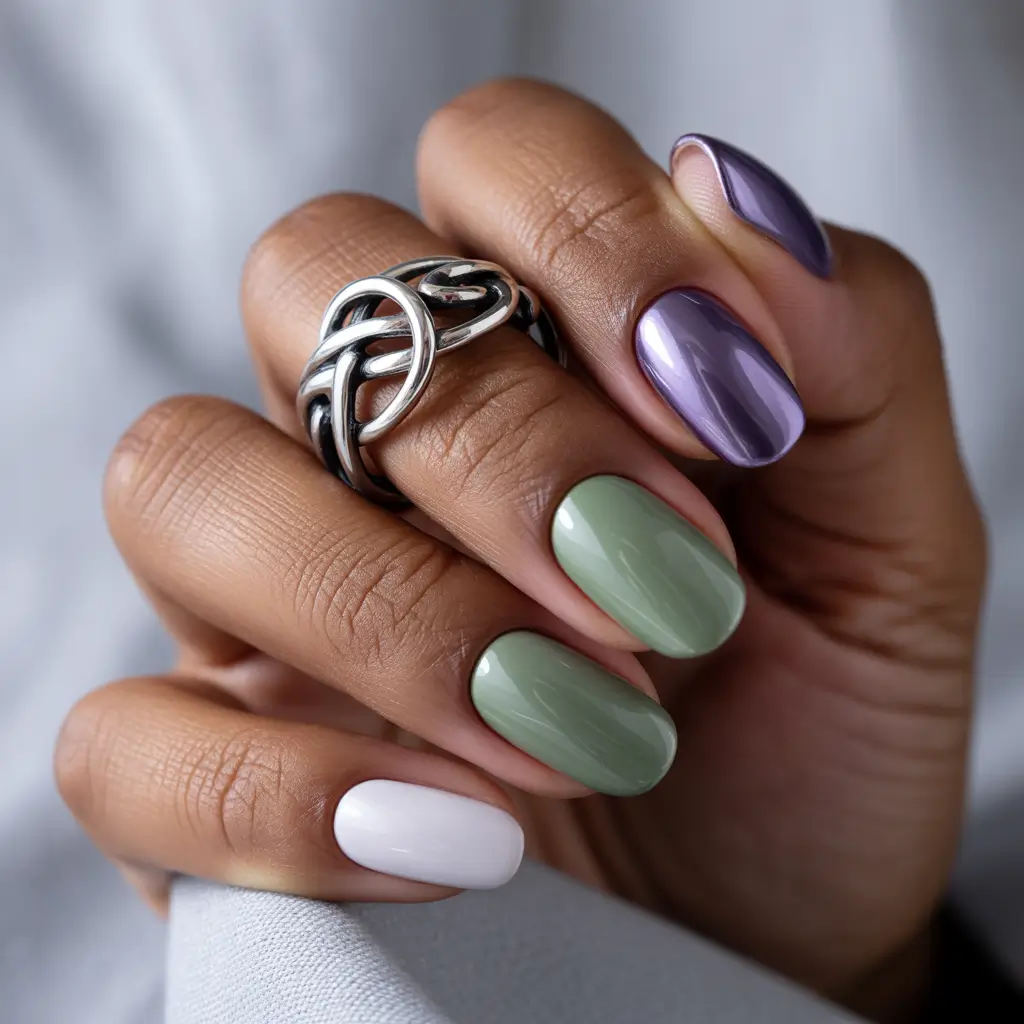 Fall nail colors for dark skin 2025+Lavender Chrome with Dusty Sage