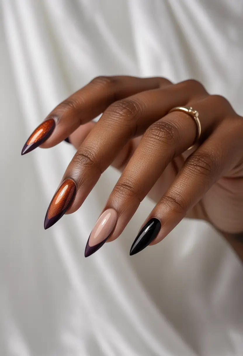 Fall nail colors for dark skin 2025+Burnt Copper Meets Noir Tips