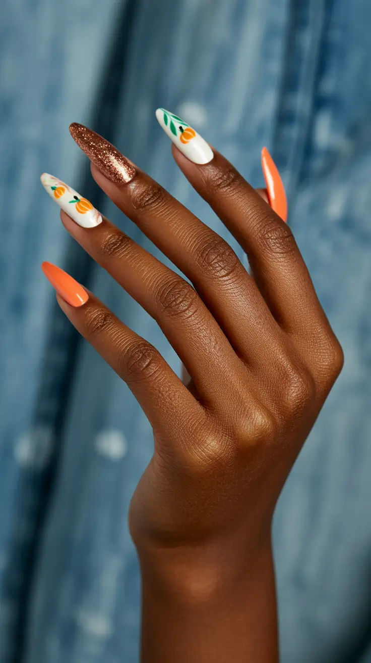 Fall nail colors for dark skin 2025+Clementine Art with Glitter & Creamsicle Pop