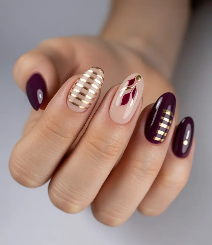 Fall nail colors for fair skin 2025+Velvet Plum Meets Gold Geometry