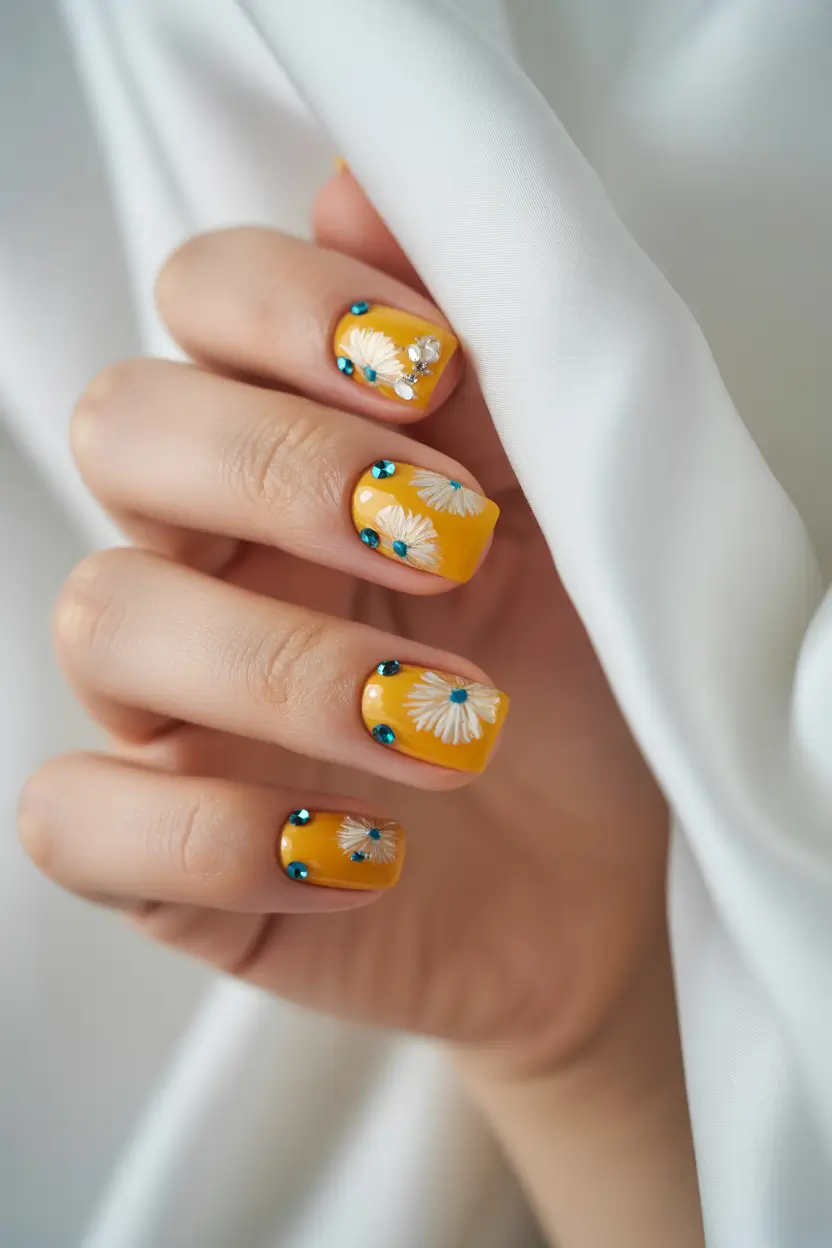 Fall nail colors for fair skin 2025+Daisy Pop Yellow with Rhinestone Charm