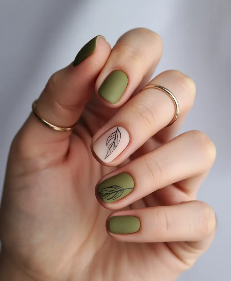 Fall nail colors for fair skin 2025+Olive Toned Minimalism with Leaf Art