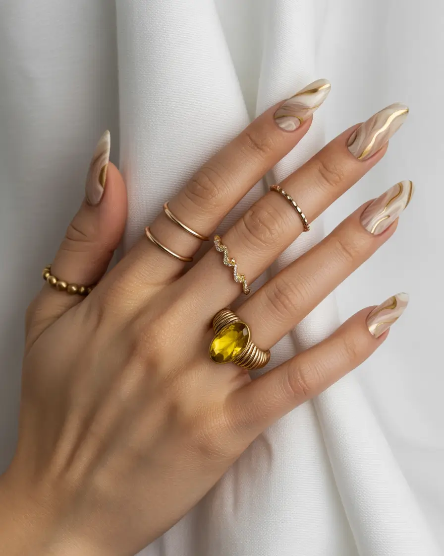 Fall-nail-colors-for-fair-skin-2025-Golden-Marble-Waves
